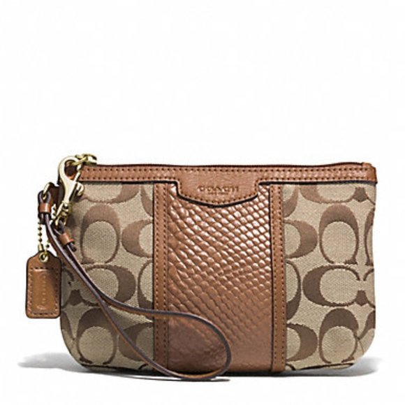 COACH F51724 CC Signature Logo Khaki/Saddle Snakeskin Leather Wristlet excellent - Picture 1 of 13